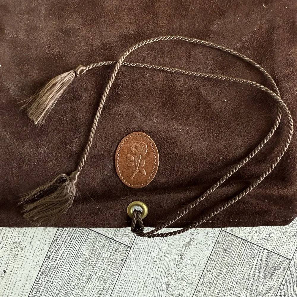 Vtg Rolfs Leather Jewelry Roll Brown Suede Travel Organizer Rose Emblem In Box